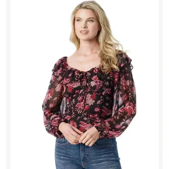 Jessica Simpson Blouse Top Large Sheer Floral Long‎ Sleeve Lined - Picture 2 of 9